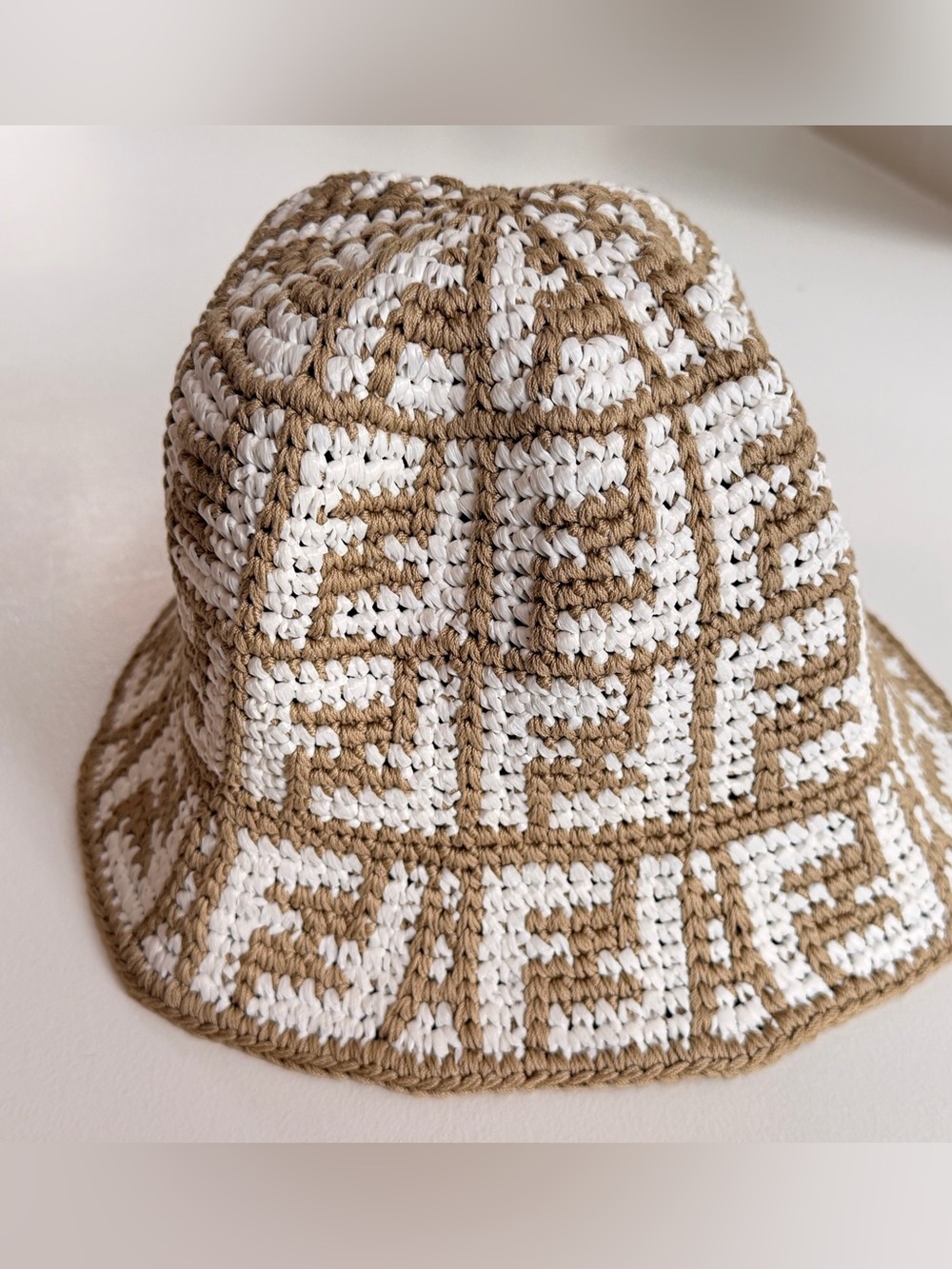 AUTHENTIC FENDI RAFFIA Crocheted White and Tan Bucket Hat